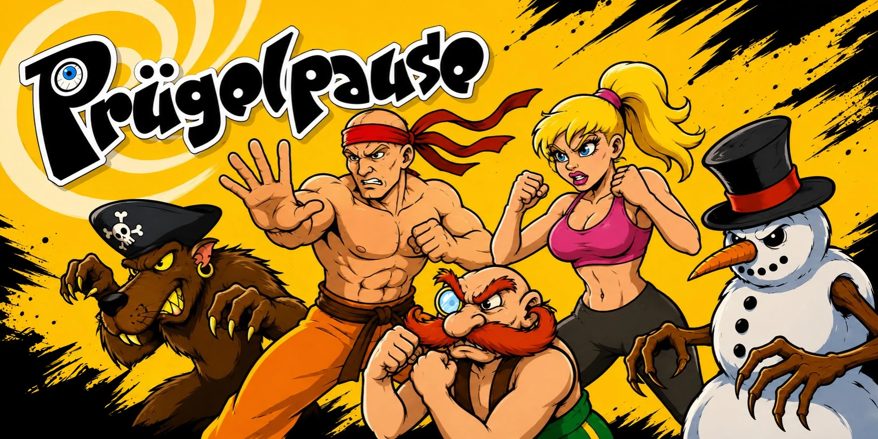 Das Prügelpause-Logo mit den fünf spielbaren Kämpfern